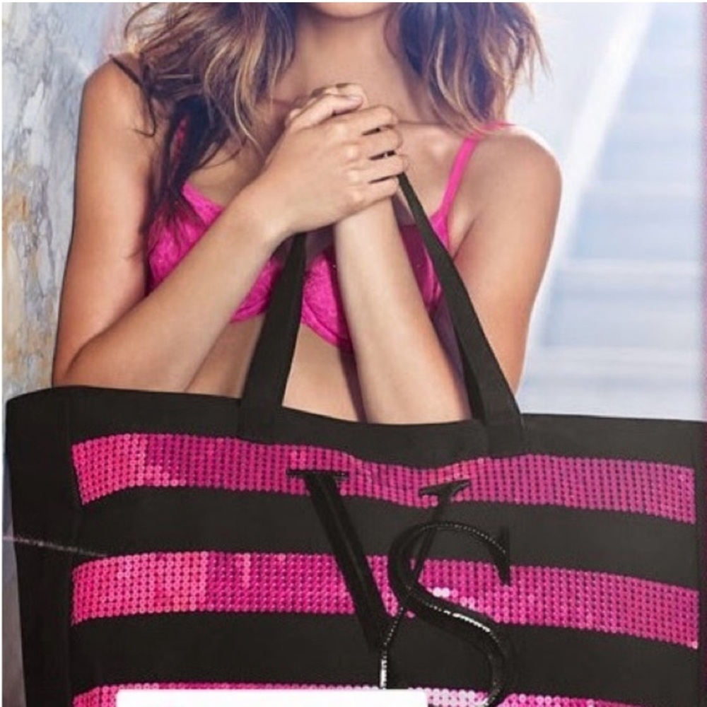 Victoria Secret Large Black Canvas Bling Tote with Hot Pink Sparkle - NWT